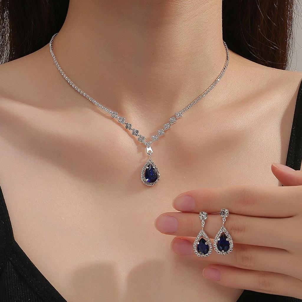 3PC Wedding Season Women's Fashion Copper Inlaid Water Drop Necklace Earrings Jewelry Set Wedding Banquet Party Holiday Gift