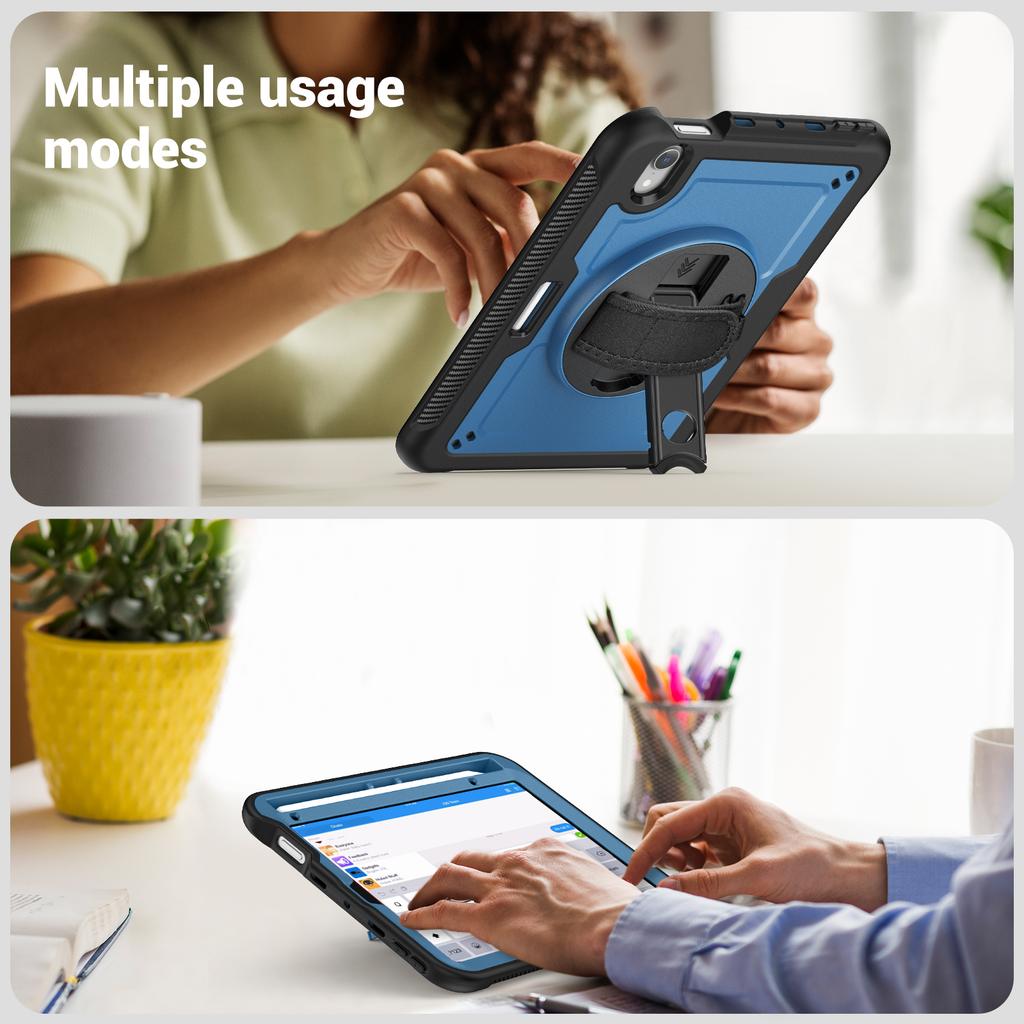 For iPad Mini (2024)/(2021) Case Kickstand PC+TPE Tablet Cover with Hand Strap and Shoulder Strap