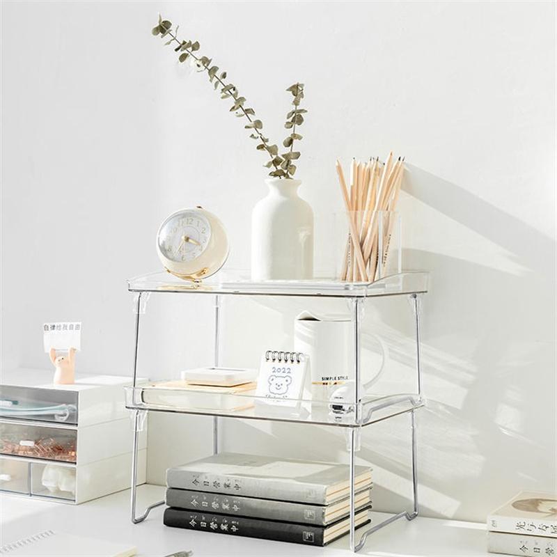 Foldable Transparent Double Desktop Acrylic Shelf Cup Rack Kitchen Bathroom Cosmetic Sundry Shelf