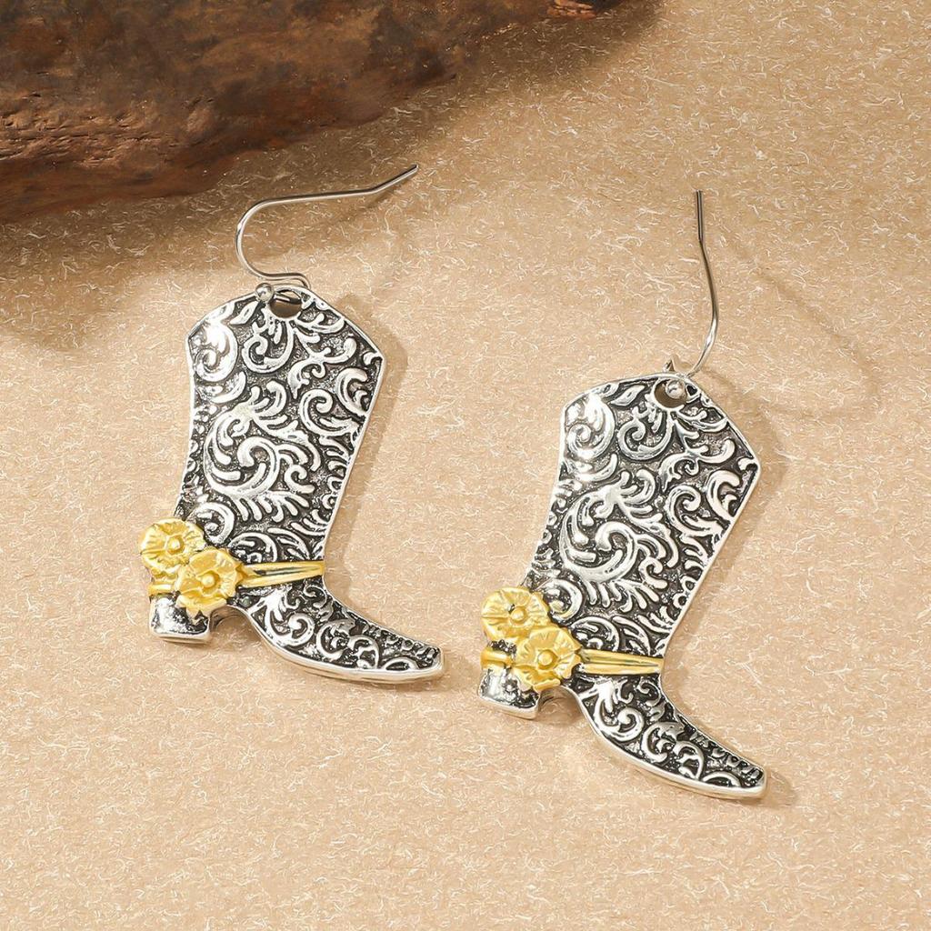 Retro Western Rose Double-Color Boots Earrings - Trendy Alloy Totem Design