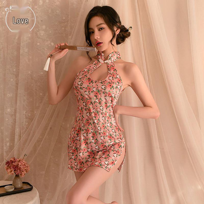Mulan Retro Print Cheongsam Pajama Set - Sexy, Slim, High Slit, Bodycon Lingerie In Ancient Style