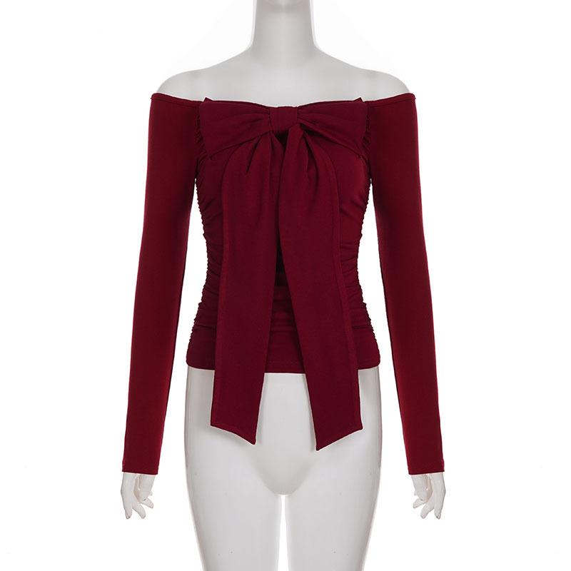 Koreanischer Stil Schulterfreies Raff-Schleifen-Oberteil für Herbst/Winter: Trendiges schmal geschnittenes Weihnachts-T-Shirt