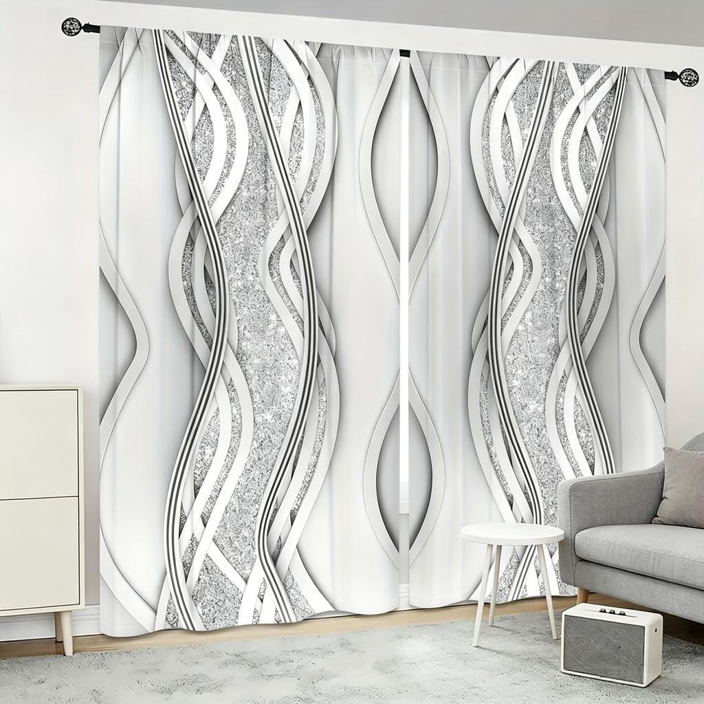 2Pc, 2D Flat-Print Non-Multi-Layer Curtains with Crystal Diamond Geometric Patterns, Colorful Pearl String Stripes, Pocket Rod Installation