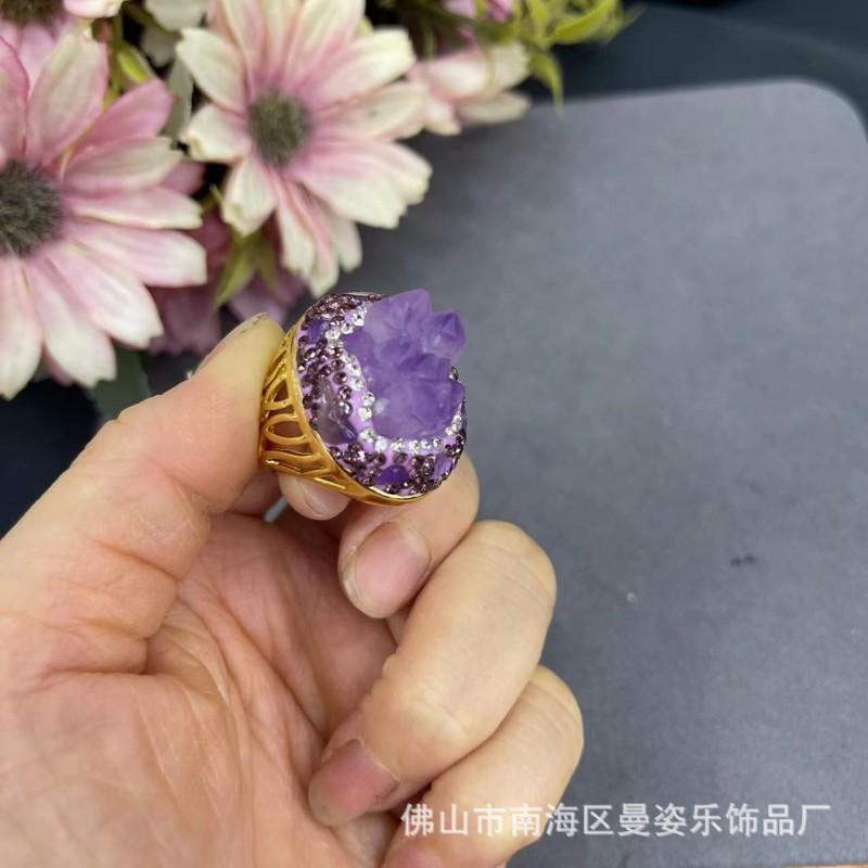 Adjustable Open Ring With Natural Brazilian Amethyst Geometric Stone Copper Base Gold Plated Women
