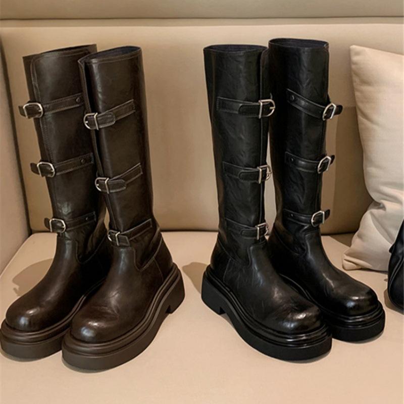 2025 autumn and winter new European and American style but knee niche belt buckle knight boots women's thick-soled round head thin boots
