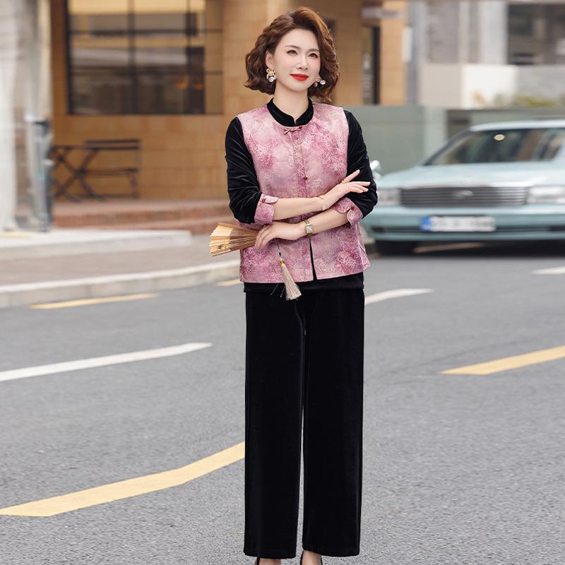 

Gold Velvet Three-Piece Suit with Vest for Middle-Aged and Elderly Women - Chinese Style Spring Outfit XL (suggested for 95-110 jin)