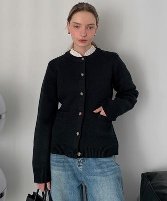 Vascara Round Neck Single Button Cardigan Black