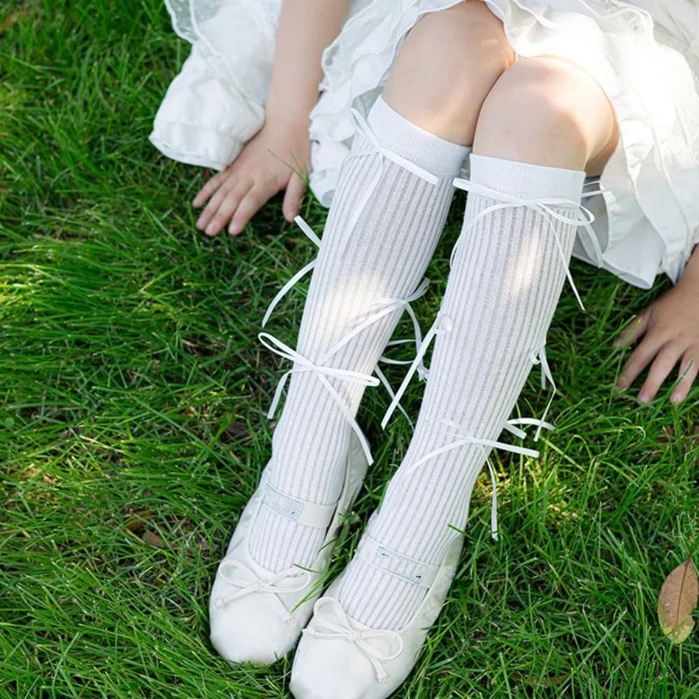 Ribbon Bow Balletcore Socks Solid Color Thin Stockings Comfortable Mid-Tube Hosiery  Women