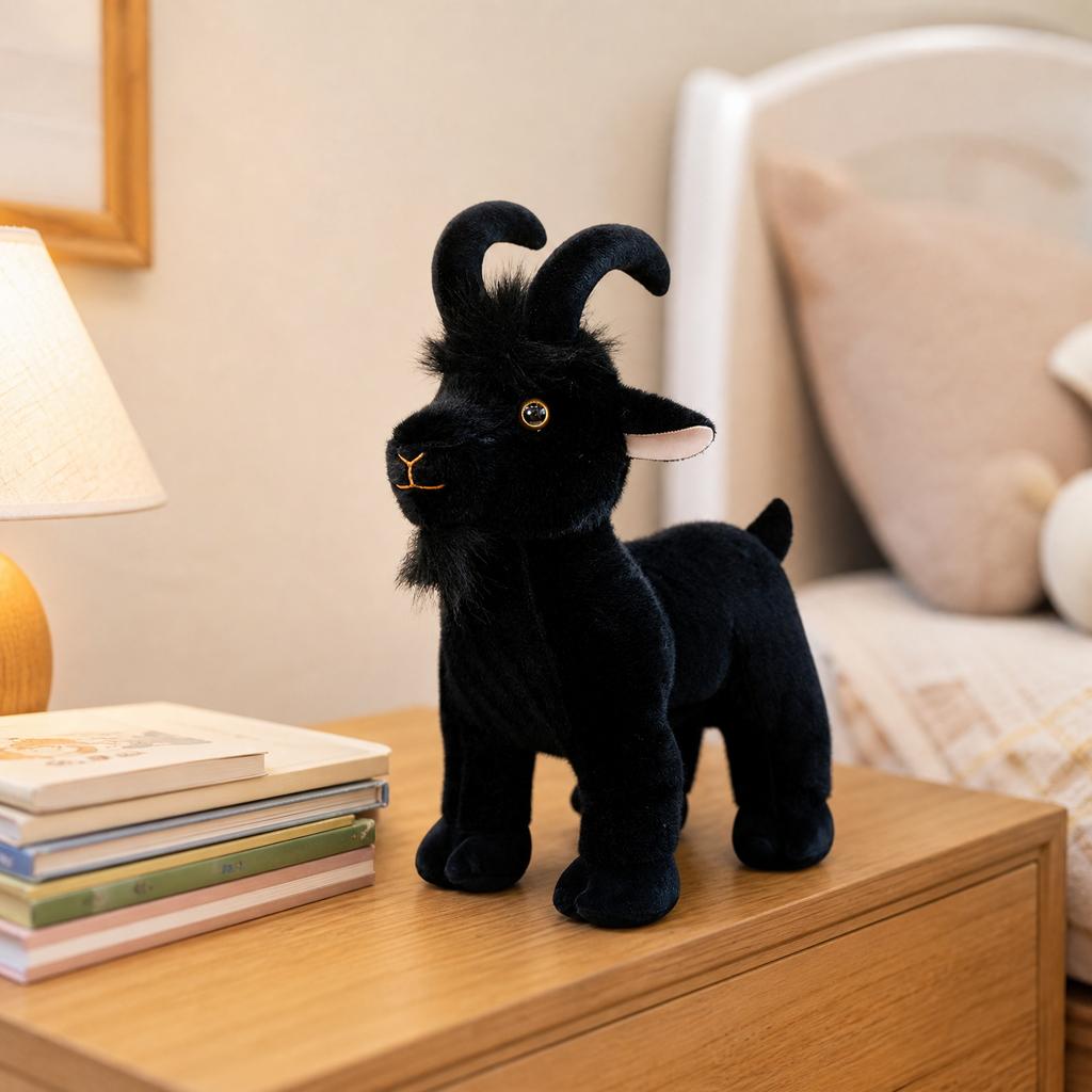 Realistic Simulation Goat Plush Toy Soft Stuffed Animal with Curved Horns and Fluffy Fur for Children Gift Home Decoration Collectible