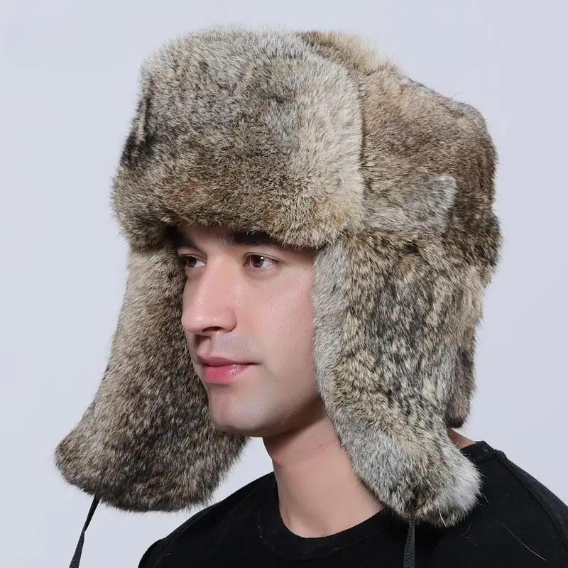 New Men's Winter Bomber Hat Thick Warm Rabbit Fur Trapper Ushanka Russia Style Ear Flap Cap for Cold Weather