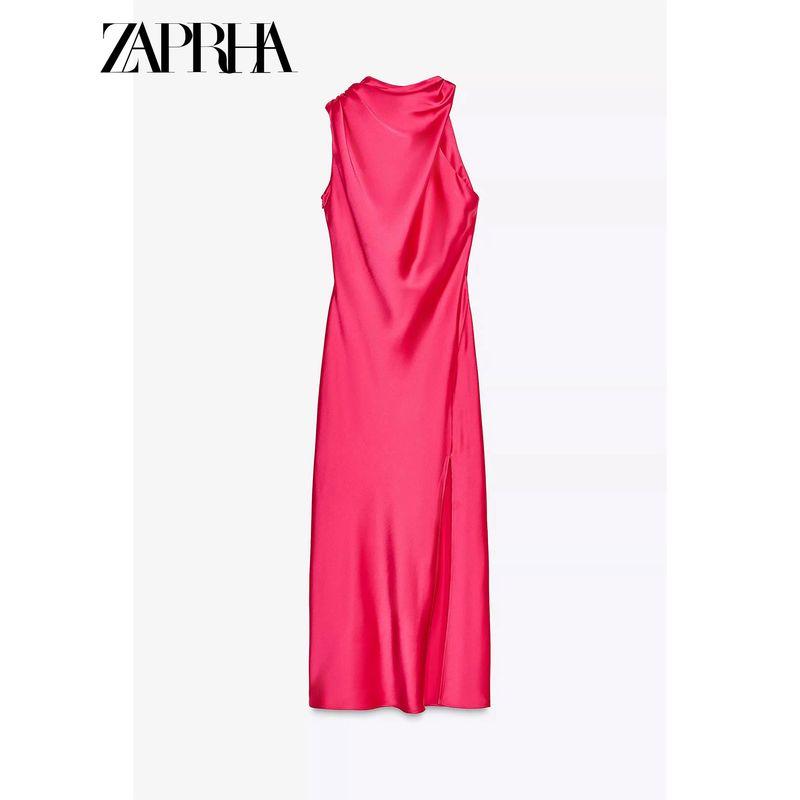 Zaprha 2025 New Dress Elegant Asymmetry Silk Satin Texture Midi Skirt Split Length Dress 3170399