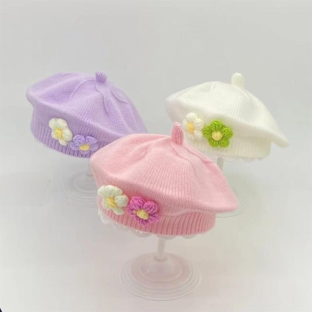 Uroczy Kwiatowy Beret dla Malucha Wygodna Czapka Beanie Modne Dzianinowe Czapki Jesień Zima