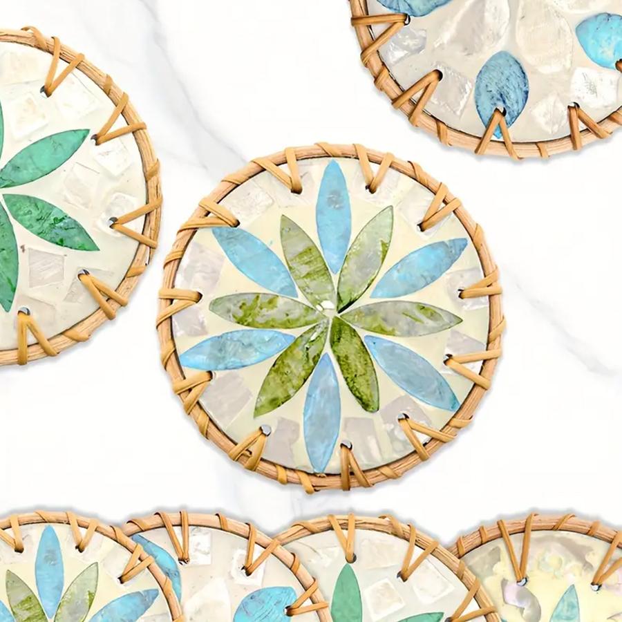 Handmade Rattan And Ceramic Shell Coasters Creative Colorful Round Coffee Table Mats Decor Bowl Mats For Home Decor