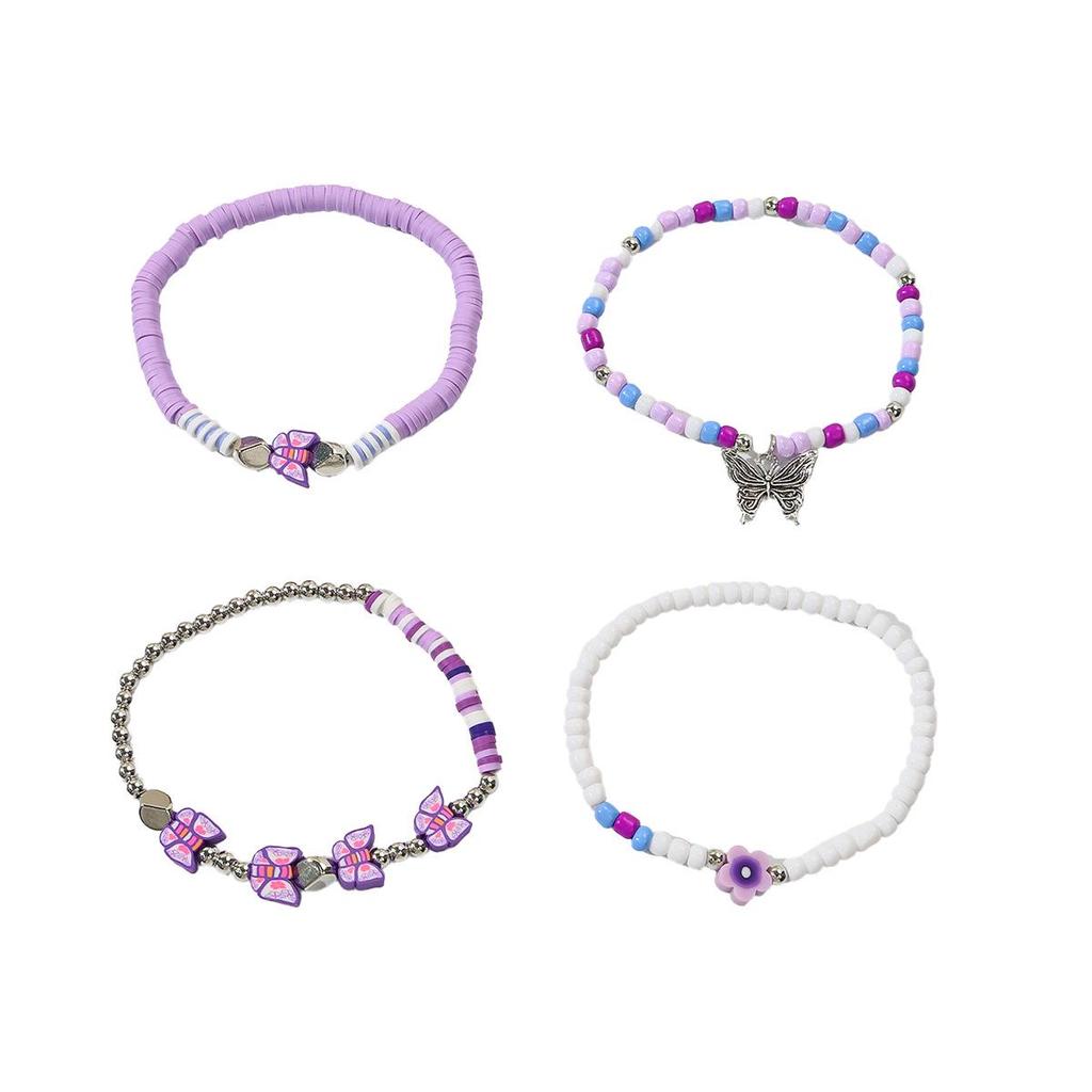 Purple Butterfly Flower Beaded Bracelet - Women's Bohemian Multi-layer Stackable Hand Jewelry.