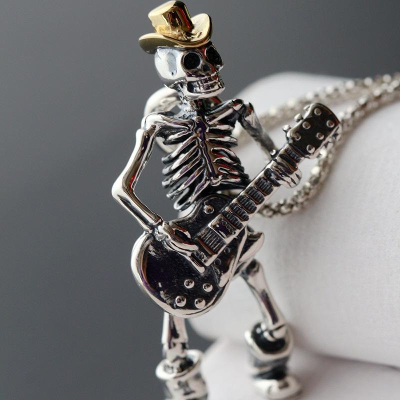 Vintage Totenkopf spielt Gitarre Anhänger Halskette für Männer Mode Hip Hop Rock Party Edelstahl Kette Hip-Hop Schmuck Geschenke black