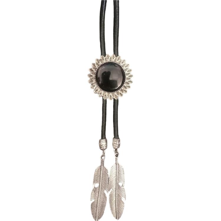 Braided Shoestring Flower Stone Bolo Tie Carved Charm Cowboy Necktie Necklace