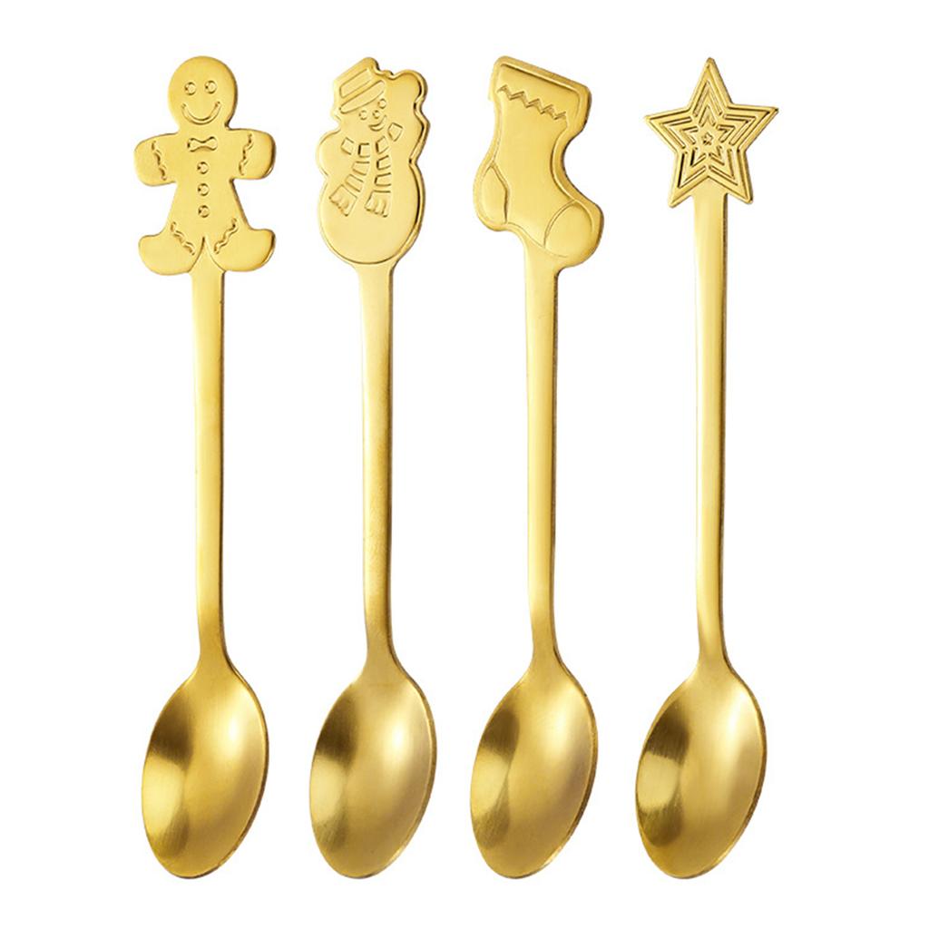 4pcs Dessert Spoon Xmas Cutlery Kits Food Grade Mirror Polished Stainless Cutlery Festival Fun Reunion Decoration For Christmas