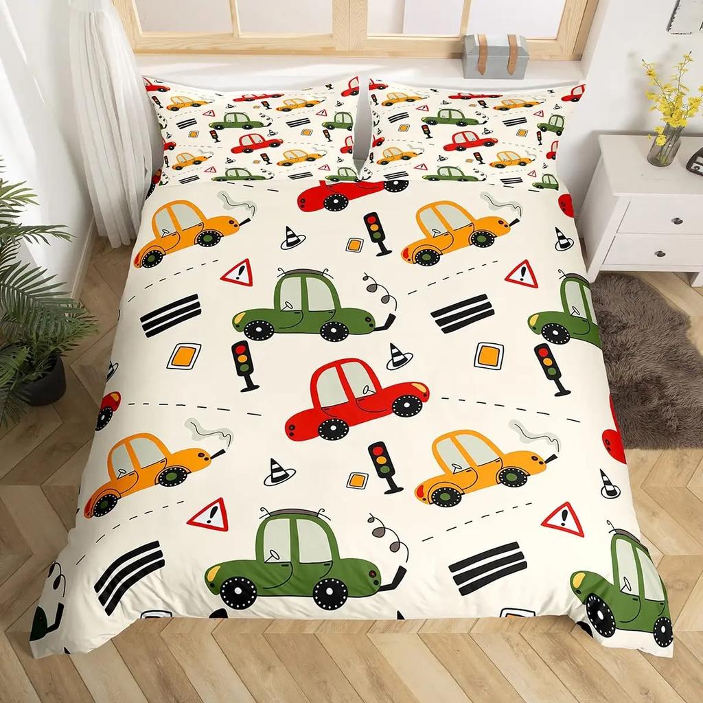 Poszewka na kołdrę z motywem samochodu z kreskówkową mapą drogową dla dzieci, zestaw pościeli dla chłopców, wystrój pokoju, geometryczne linie, poszewka na kołdrę z motywem samochodu ulicznego