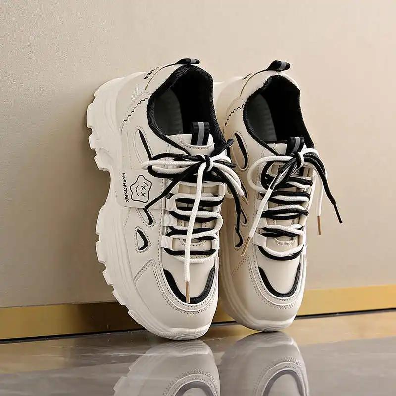 Lace-up Legitimate Leather Women's Black Boot Walking Silver Flat Shoes Women's White Sneakers Sport 2025 Aestthic Snaeaker