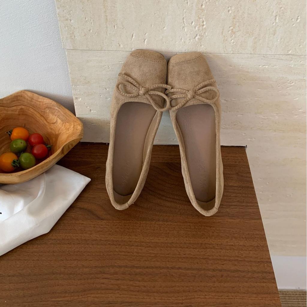 2025 new square head bow versatile light mouth soft bottom suede flat bottom Doudou pregnant women's single shoes