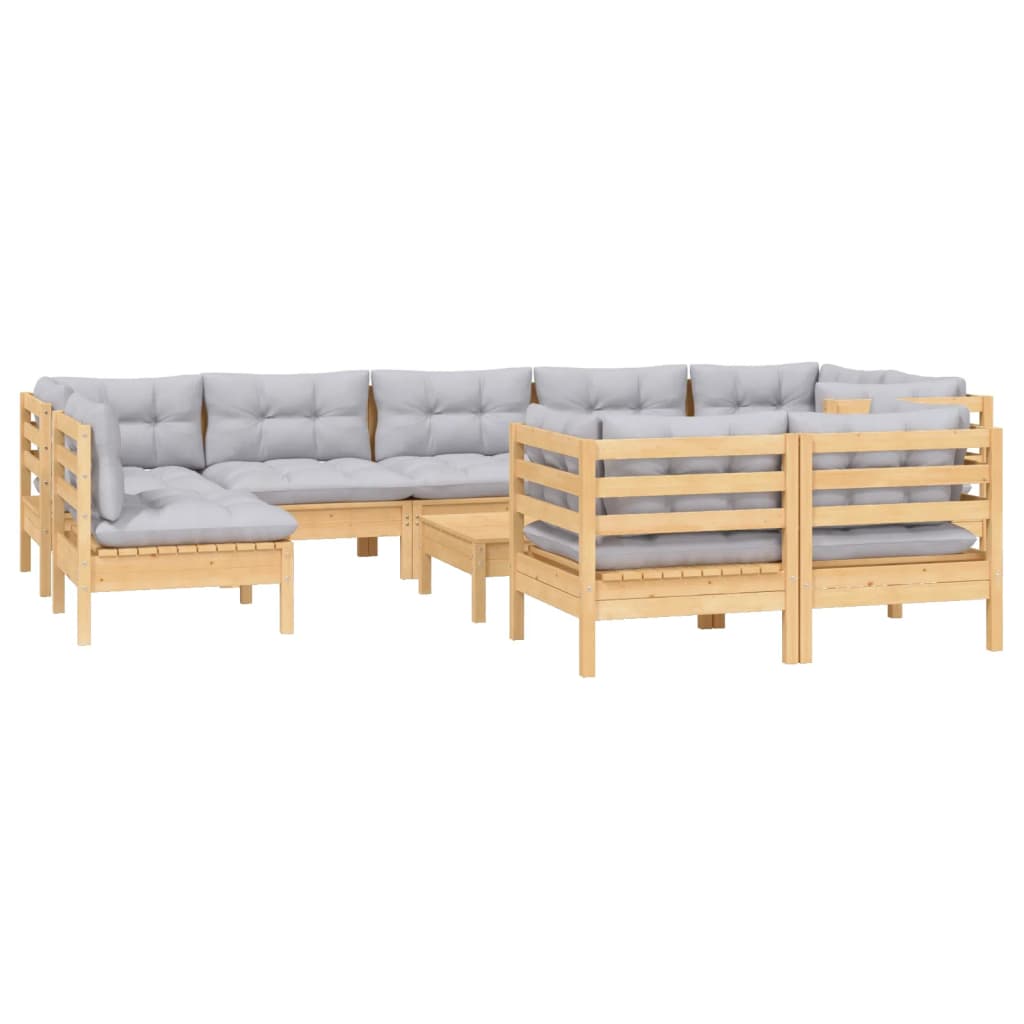 Vidaxl 10-Cz. Garden Lounge Set, Grey Cushions, Pine