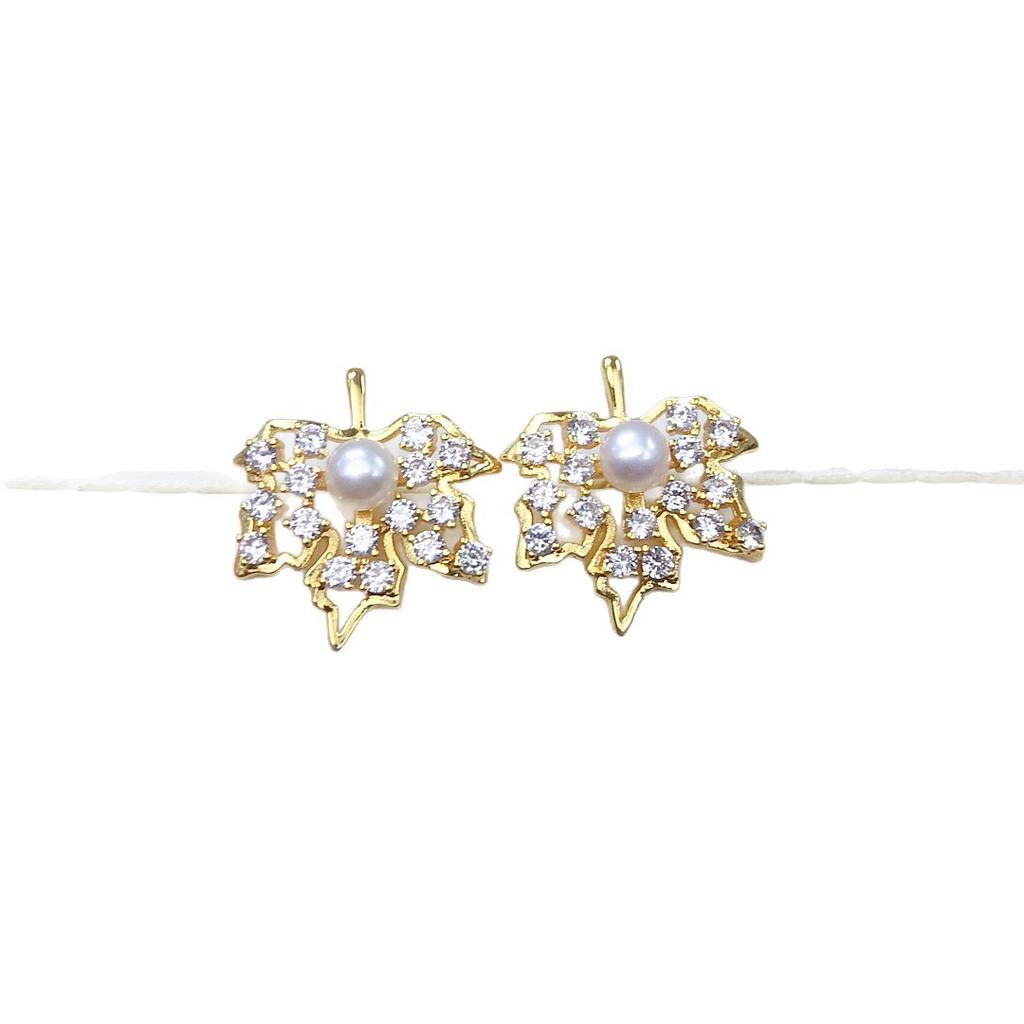 Pearl Earrings Hollow Maple Leaf Micro Inlaid Zircon Natural Freshwater Pearl Earrings Fashionable and Exquisite Jewelry
