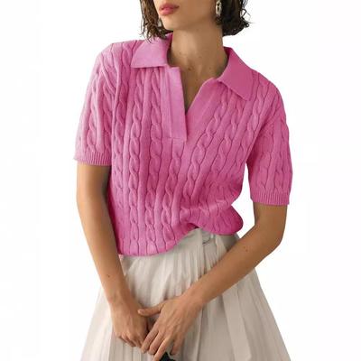Damen-Poloshirt mit V-Ausschnitt und Zopfmuster – kurzärmliger, einfarbiger Sommerpullover