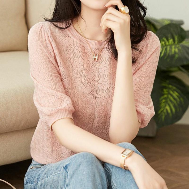 Tenké vyhĺbené pletené tričko Ženy Letné Biele Topy Dámske Tričká do O Neformálne Tričká Žena Krátky rukáv Voľné tričká