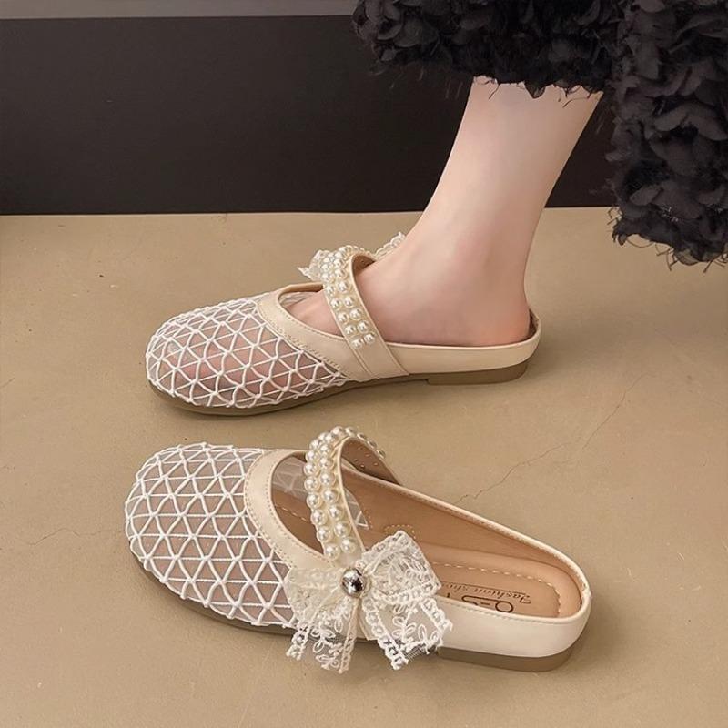 Bow pearl mesh yarn half drag women's summer new models with skirts flat women's shoes lazy one pedal sandals