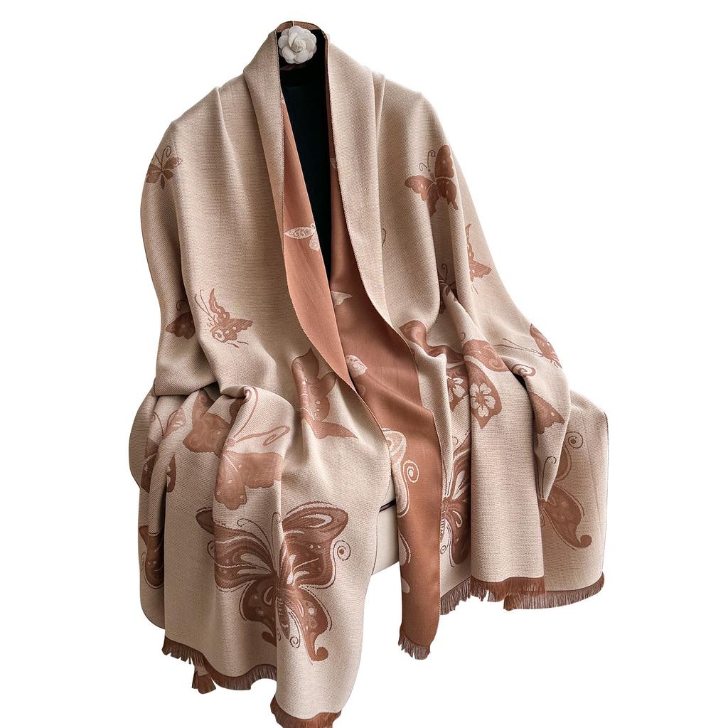 Butterfly Retro Trend Tencel Cotton Women'S Thermal Scarf Double-Sided Two-Color Fashion Shawl Silk Scarf