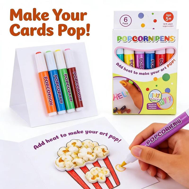 Magic Popcorn Pens 6 Colors Heat Activated 3D Puffy Paint Pens Bubble Pen for Kids Drawing DIY Art Crafts Marker School