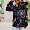 Women Plus Size Long Sleeve Drawstring Hoodie Galaxy Space Print Black Kangaroo Pocket Pullover