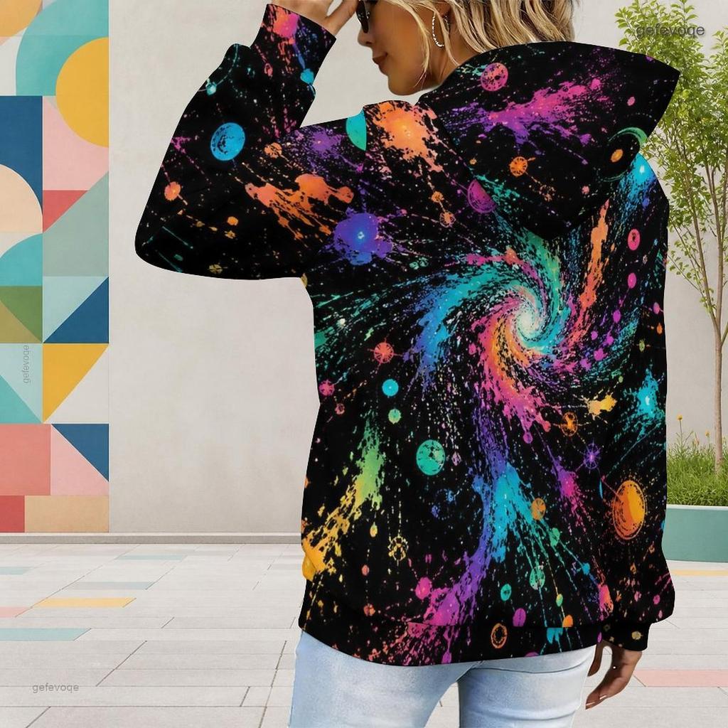 Women Plus Size Long Sleeve Drawstring Hoodie Galaxy Space Print Black Kangaroo Pocket Pullover