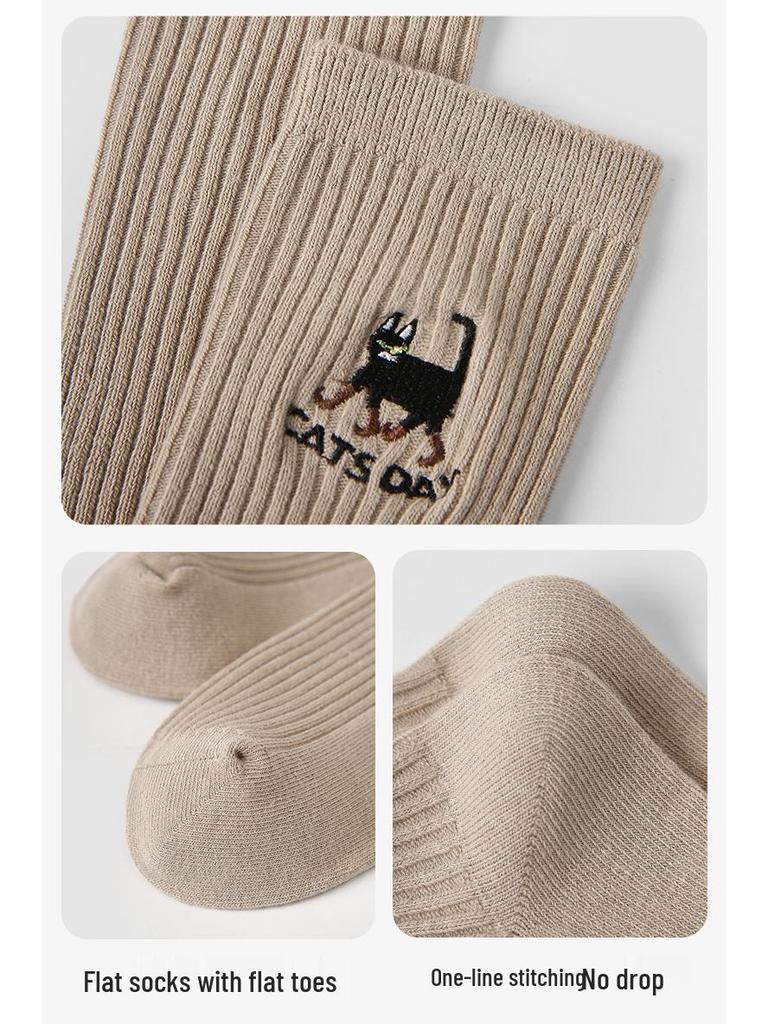 Renaissance Women's College Style Mid-Calf Socks, Solid Color with Panda Embroidery, Thin and Breathable for Spring and Autumn