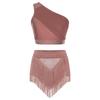 Completo Modern Dance da Donna con Strass Monospalla Top Corto Arricciato Pantaloncini con Frange Costume da Pattinaggio