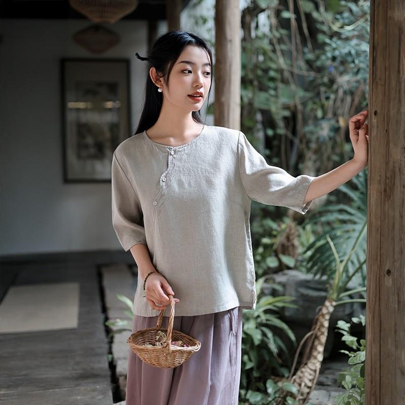 

Johnature Women Vintage Embroidery T-Shirts O-Neck Seven Sleeve Summer Solid Color Loose Female T-Shirts XXL бежевый