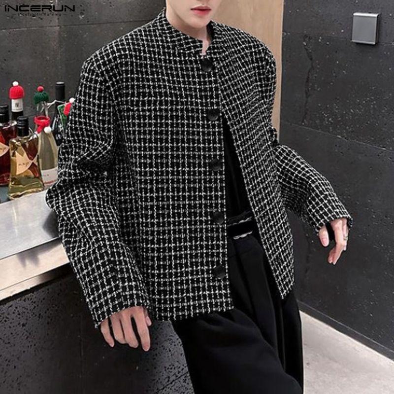INCERUN Autumn Elegant  Men Long Sleeve Casual Plaid Buttons Texture Jackets Coats