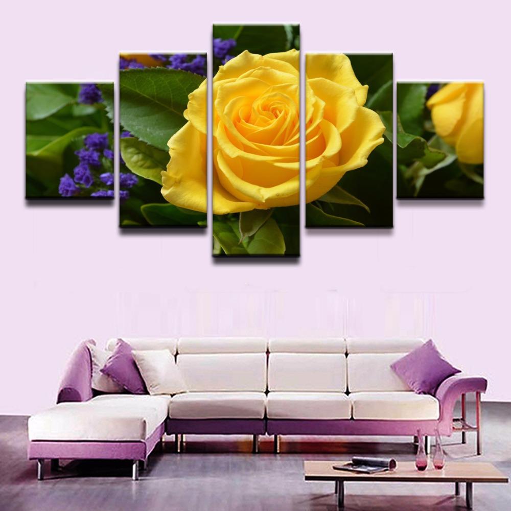

Модульные картины на холсте, домашний декор, настенное искусство в рамке, 5 шт., природа, весна, желтая роза, картина для гостиной, HD печатный постер без рамки 40x60cm*2 40x80cm*2 40x100cm*1
