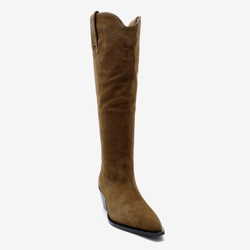 Bottes de cowboy montantes pour femme en daim marron Bout pointu Talon bloc Style western Confortables Élégantes pour un usage quotidien Semelle intérieure souple et confortable Conception antidérapante