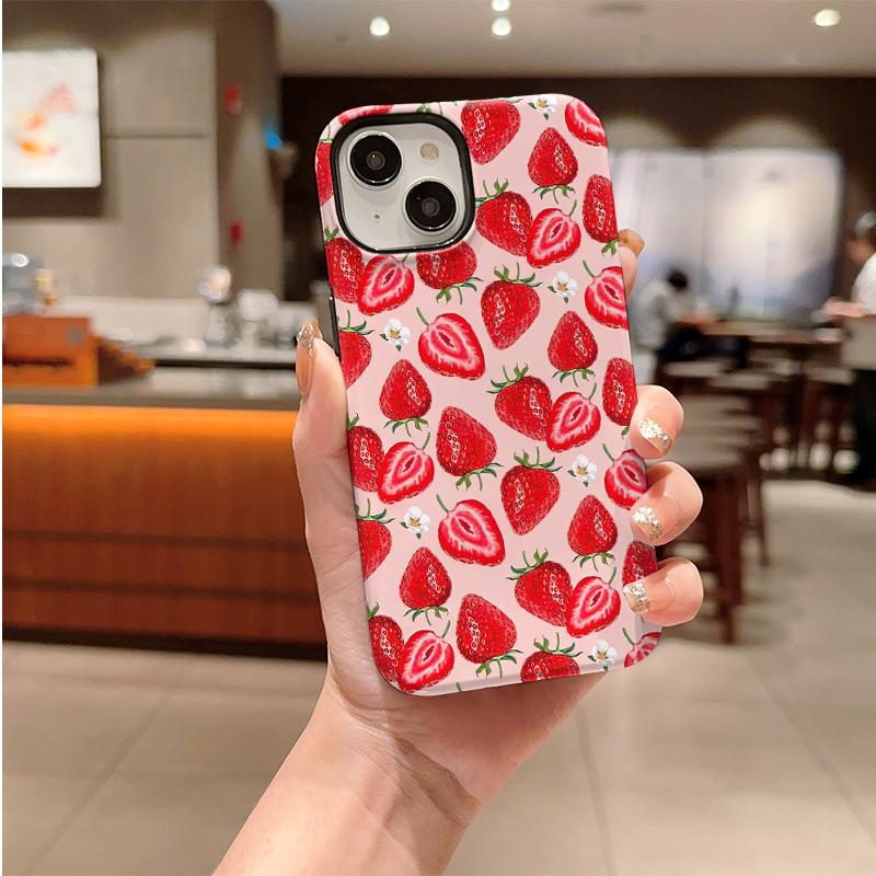 Pink Base Fresh Strawberry Tiny Flower Print Soft Silicone Phone Case Cute Girly Fruit Aesthetic Shockproof Protective Cover For All Iphone Models