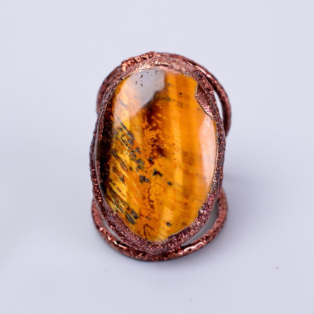 Tiger Eye Stone Eternity Electroformed Sacral Chakra Sisters Gift Ring Copper V-68