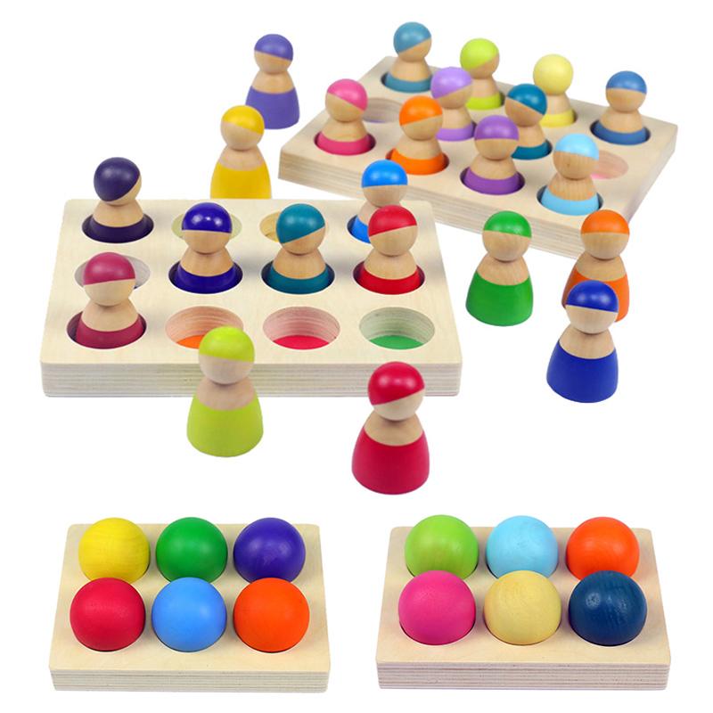Montessori Sorting Board Puzzle Game Solid Wood Rainbow/Macaron Color Tray Villain Bead Color Cognition Matching Educational Toy