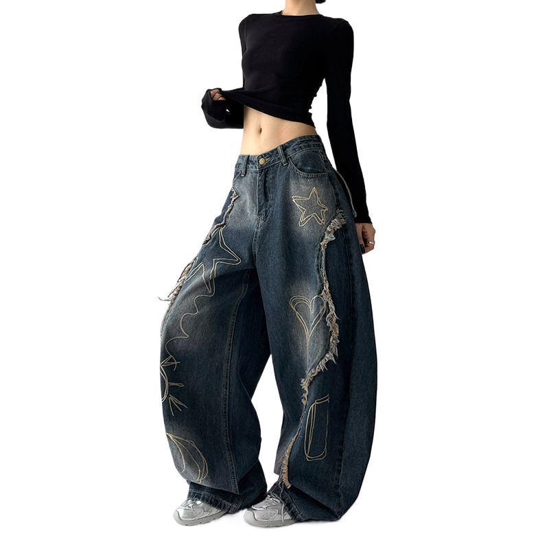 Autumn 2025 Curved Knife Hip Hop Wide-Leg Jeans for Women
