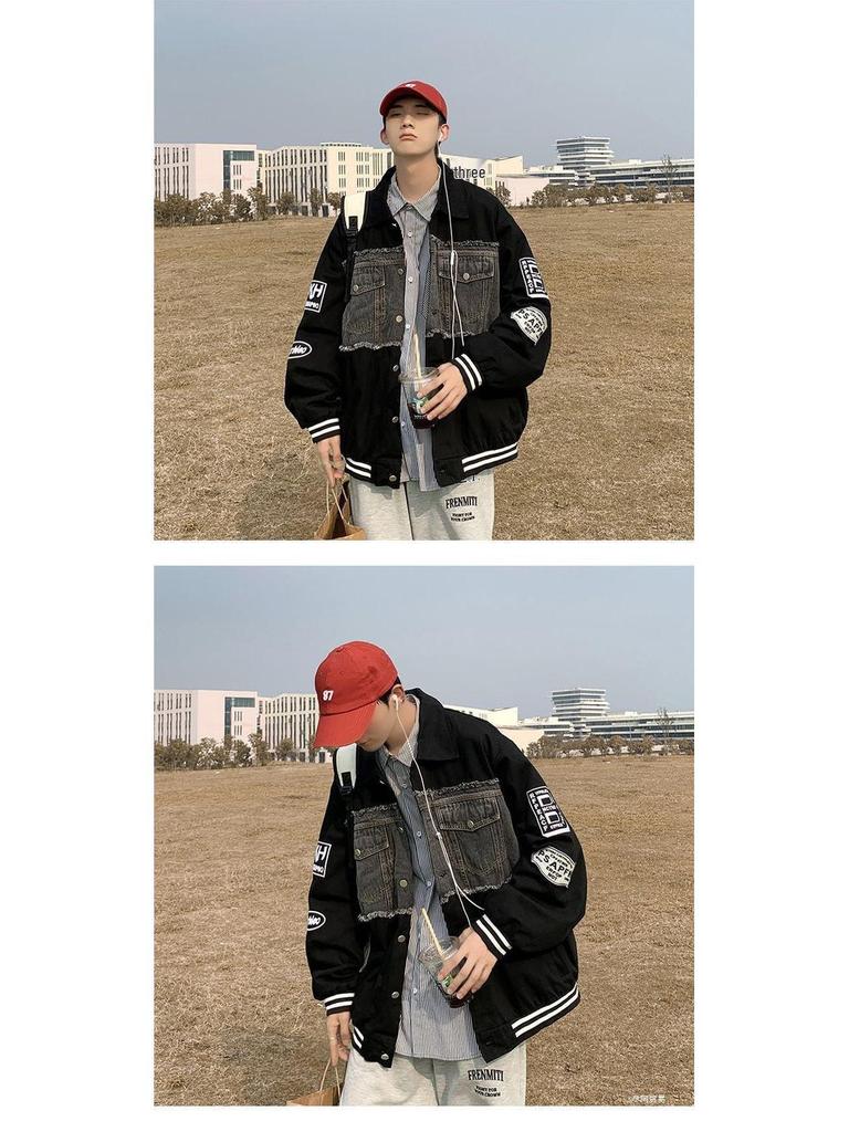 Men's Retro Patchwork Denim Jacket - Thickened Winter Shearling Lining, Versatile Trendy Ins Hipster Style