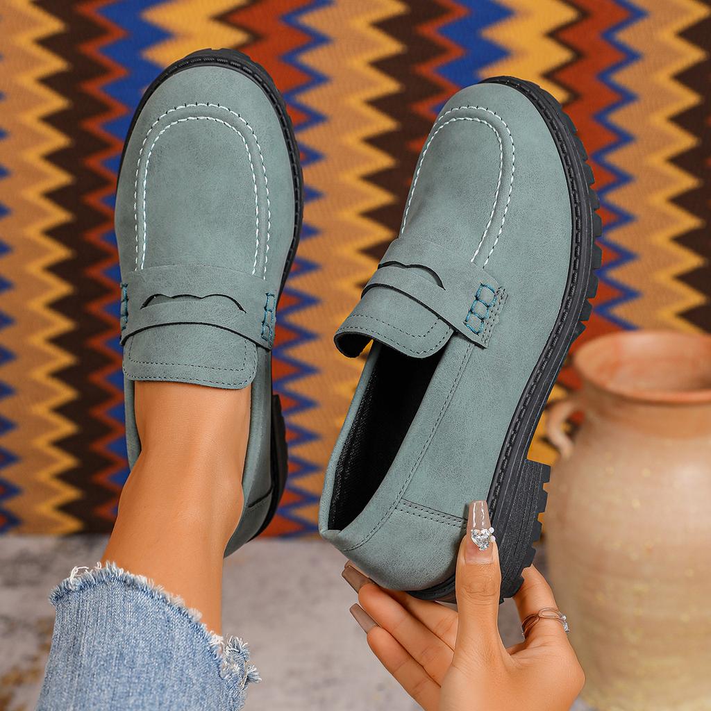 Damen Loafer mit breiter Weite und Plateau, Flats mit Blockabsatz im britischen Stil, Vintage Freizeitschuhe für Damen