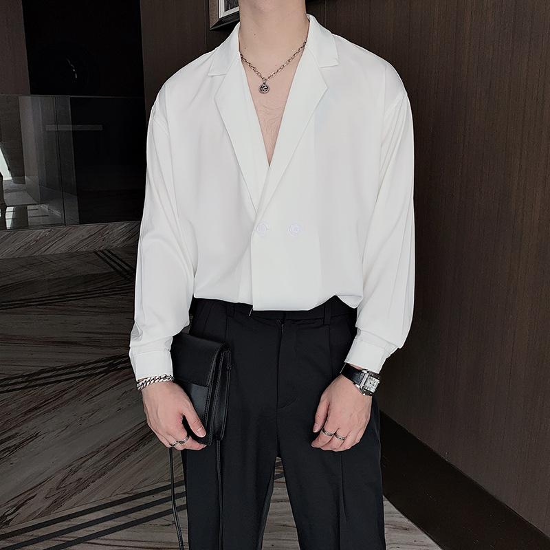 Stylish Men's Korean Short-Sleeved Luxury Drape Suit Collar Shirt for Hair Stylists