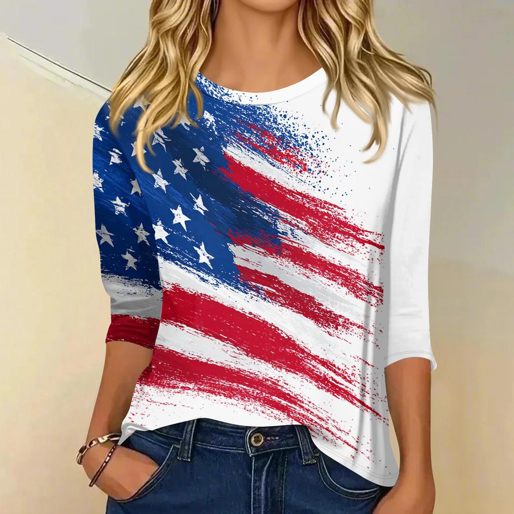 Women's fashionable casual round neck three-quarter sleeve Independence Day printed T-shirt top