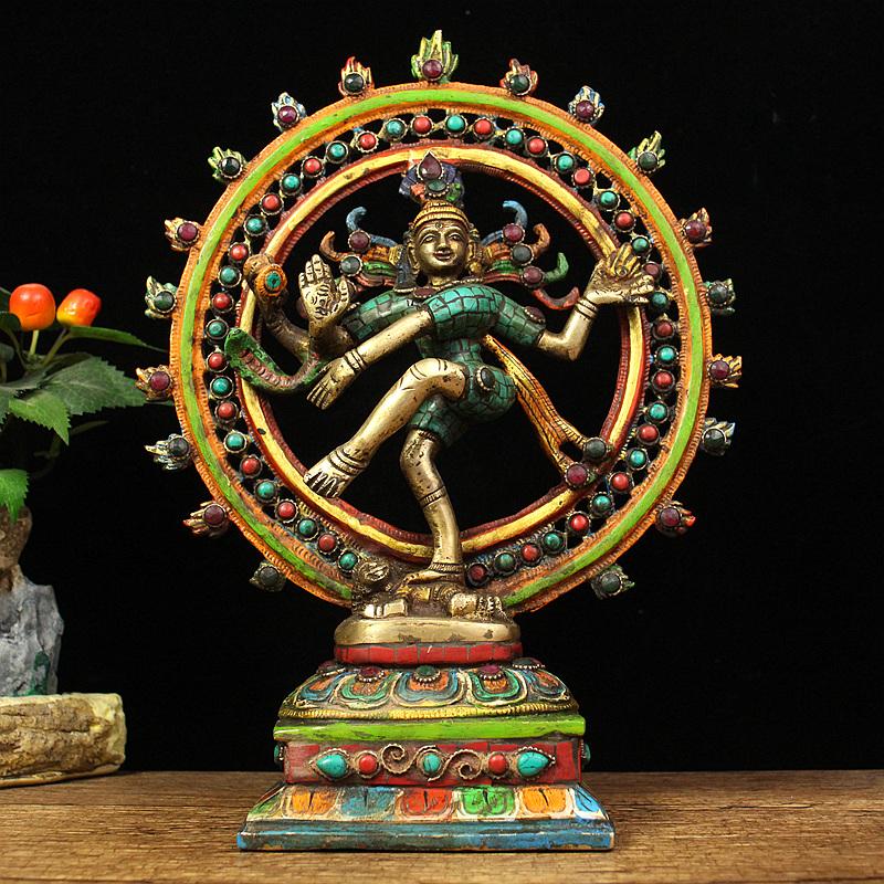 9.6 Old Tibet Copper Inlay Turquoise Gem Shiva Nataraja King Dance Buddha Statue