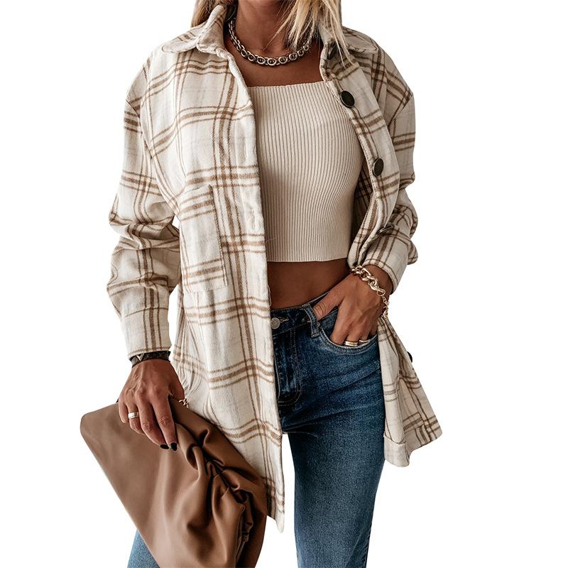 Camicia da donna autunnale Camicia di media lunghezza con risvolto ampio scozzese Comoda giacca da camicia casual