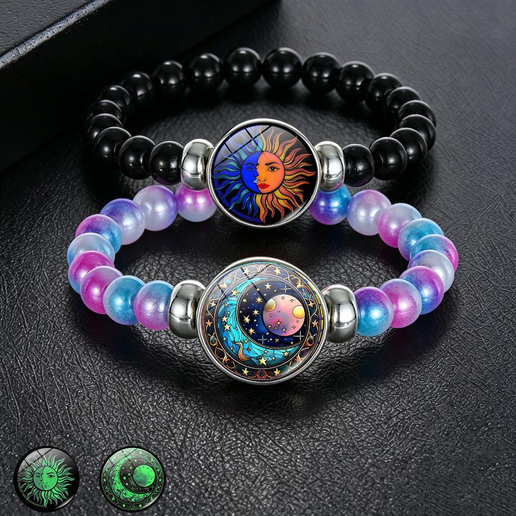 1Pc Glow In Dark Sun Moon Lover Couple Bracelet, Handmade Beaded Braided Unisex